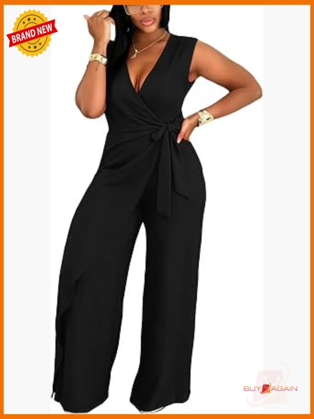 V-Neck Sleeveless Tie Waist Wide Leg Jumpsuit Romper